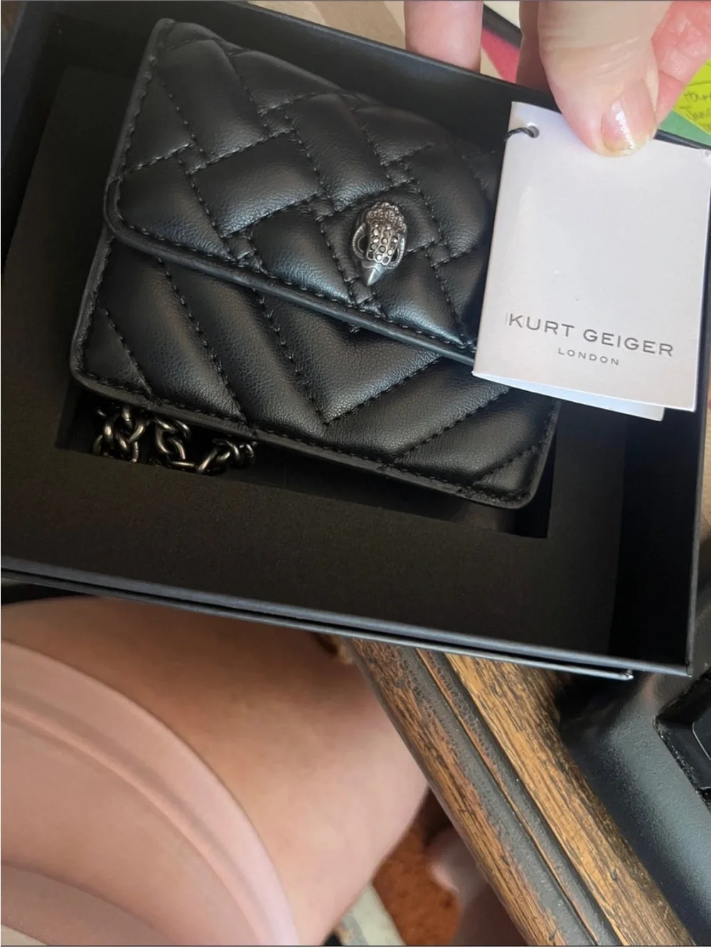 Kurt Geiger Black Quilted Crossbody with Silver Chain
